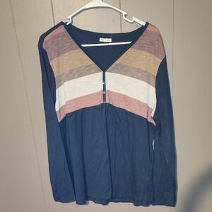 Maurices Navy Long-Sleeve V-Neck Top with Multi-Stripe Yoke